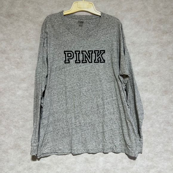 Victoria's Secret PINK Long Sleeve T-Shirt Heather Grey Logo Crew Neck XL - Picture 2 of 8